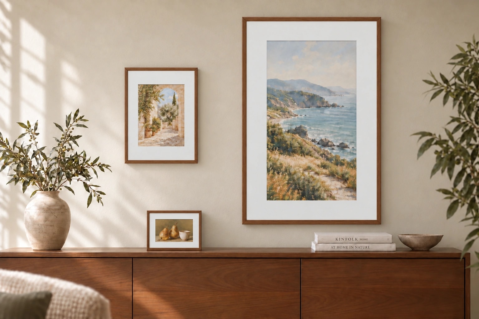 Three frame sizes in one room: a 7.5-inch frame on the sideboard, a 13.3-inch courtyard painting on the left wall, and a 31.5-inch coastal painting on the right.