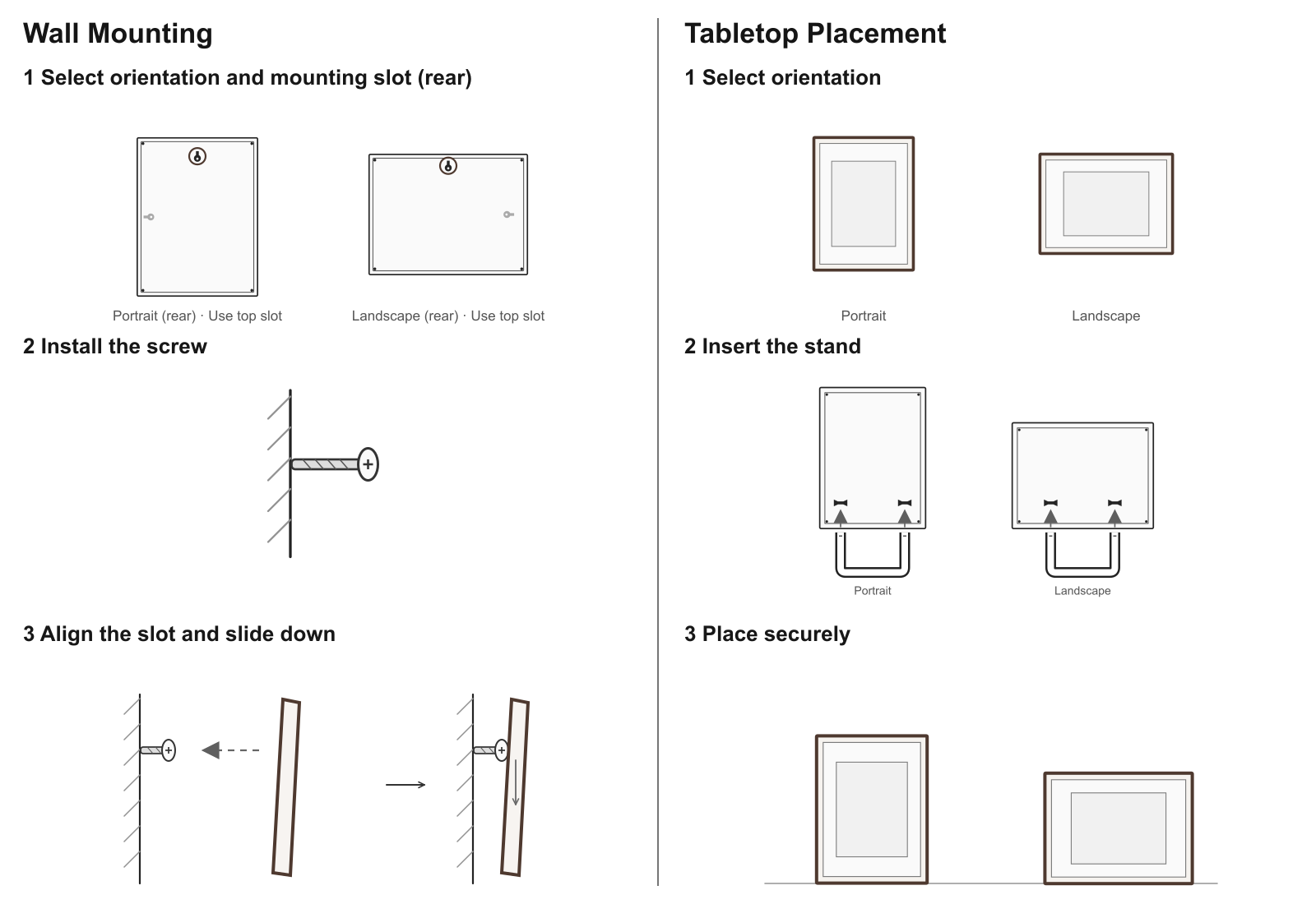 Jitrainno Echo-13 (13.3) installation options: landscape or portrait wall mounting with one screw, or landscape or portrait tabletop placement by inserting the C-shaped stand into the corresponding rear slots