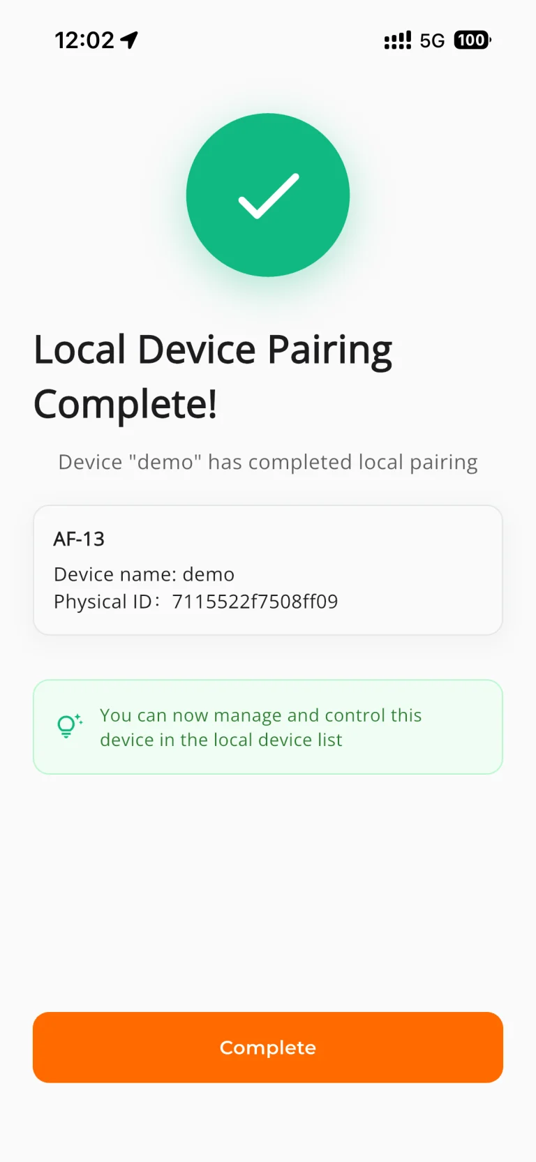 8. When Local Device Pairing Complete appears, tap Complete