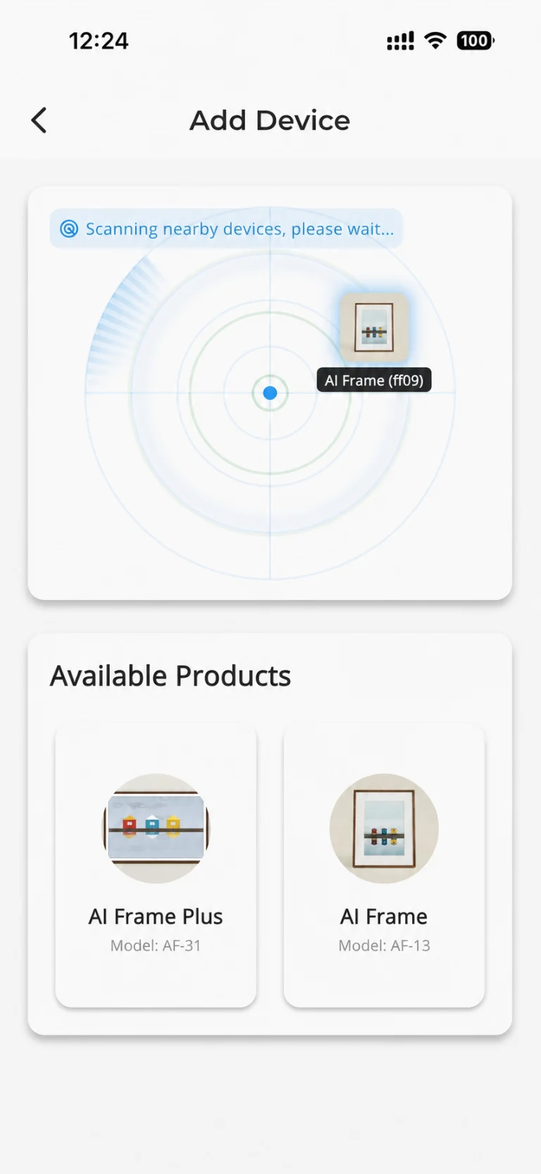7A. Automatic discovery: when the nearby AI Frame appears on the radar, tap it