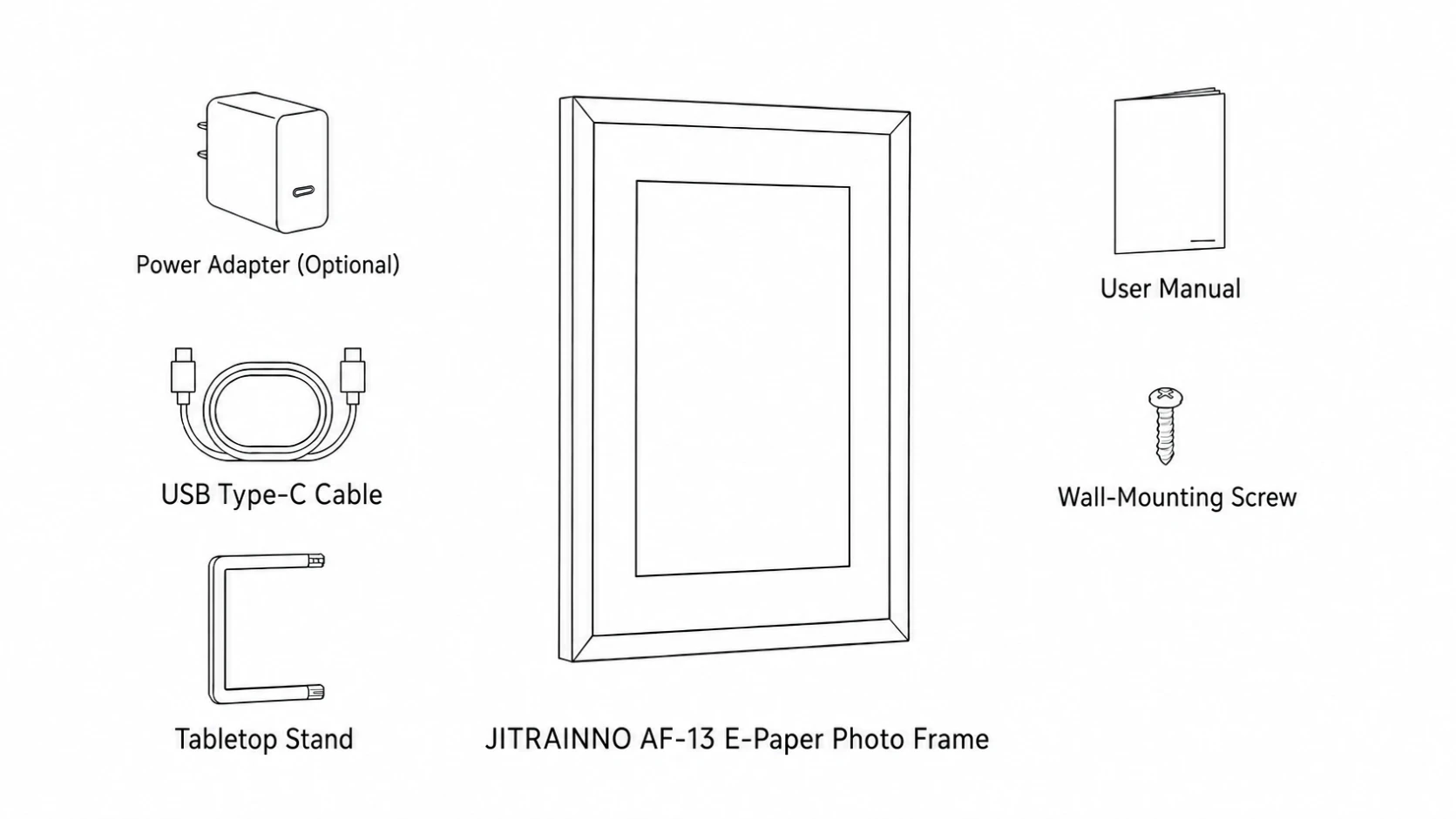 Jitrainno Echo-13 (13.3) package contents: e-paper photo frame, optional power adapter, USB Type-C cable, tabletop stand, user manual, and one wall-mounting screw