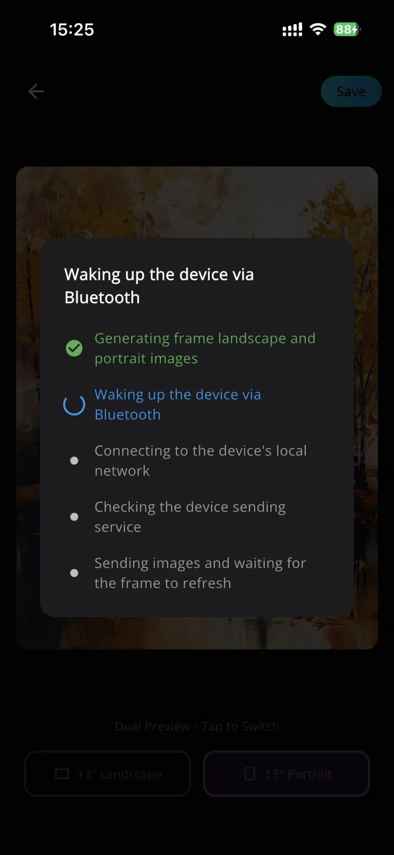 8. Keep the phone near the frame and wait while the App sends the image and the frame refreshes