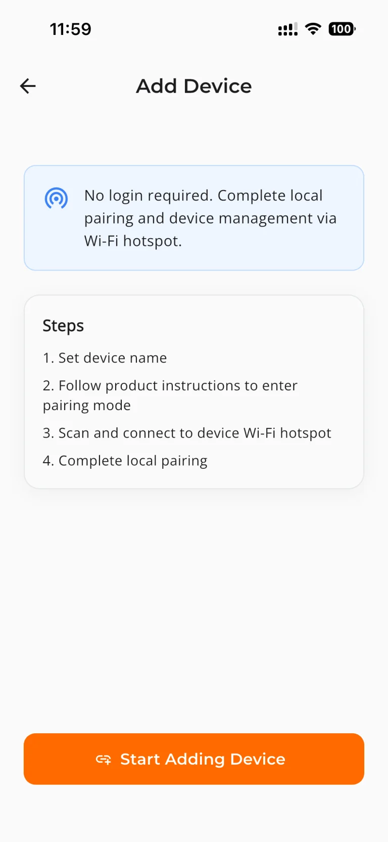 3. On the Add Device screen, tap Start Adding Device