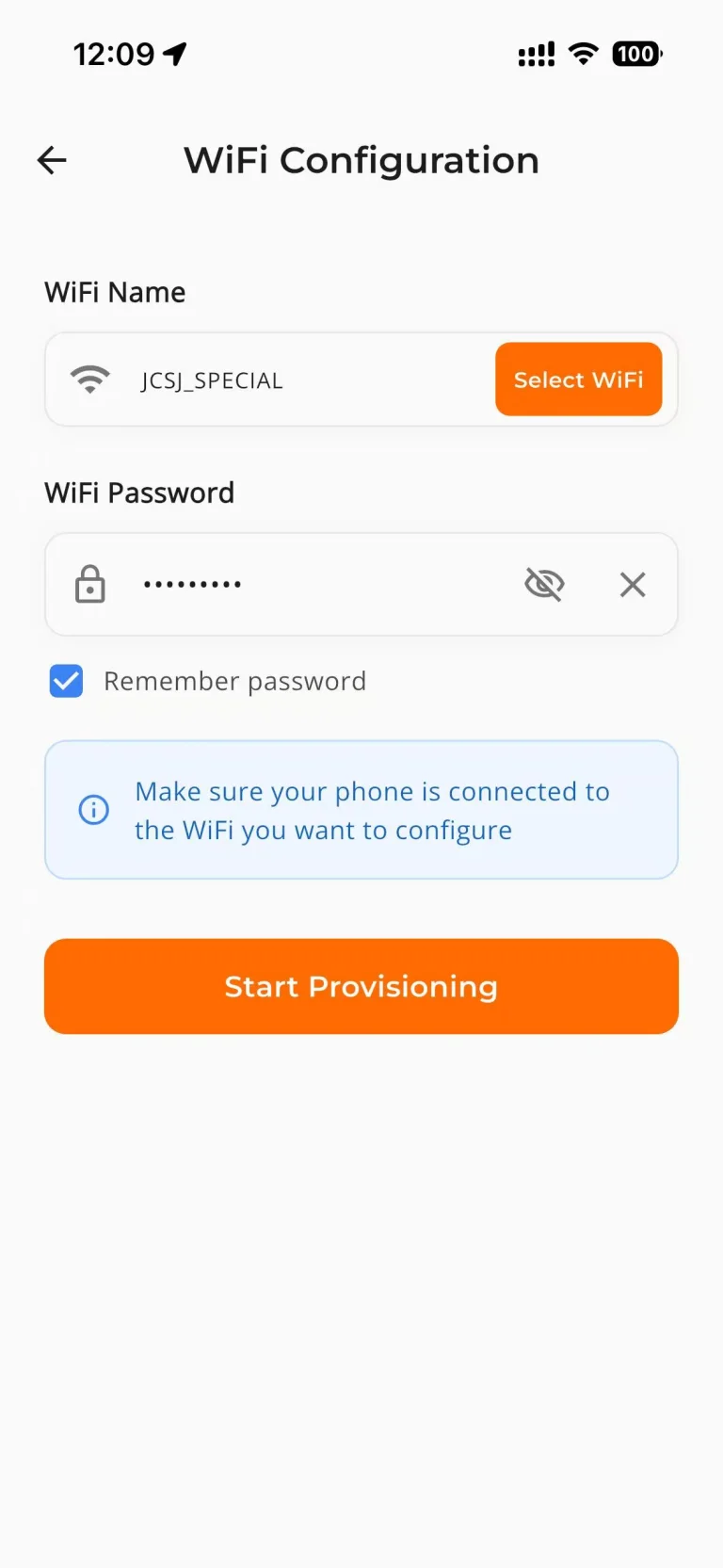 9. Select the 2.4 GHz Wi-Fi network, enter its password, and tap Start Provisioning