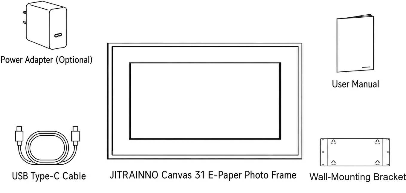 Jitrainno Echo-31 (31.5) package contents: e-paper photo frame, wall-mounting bracket, optional power adapter, USB Type-C cable, and user manual