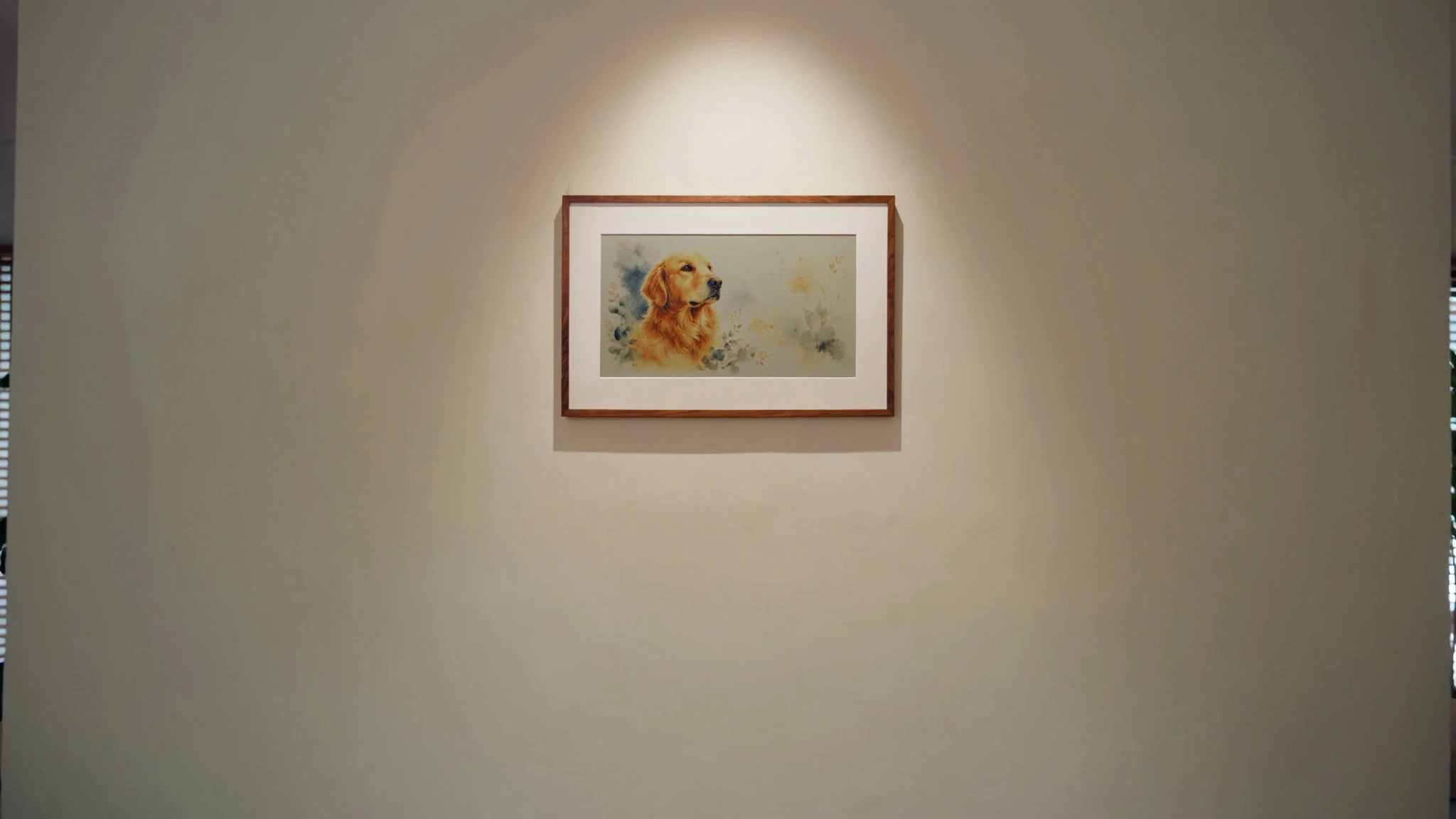 Watercolour golden retriever displayed in a wooden Canvas on a warmly lit wall