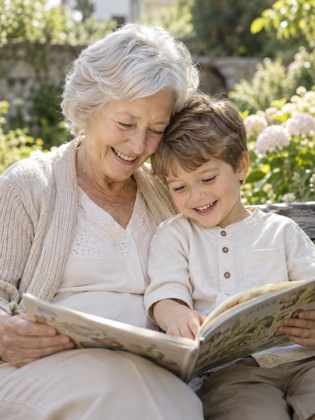 Grandmother reading with her grandson